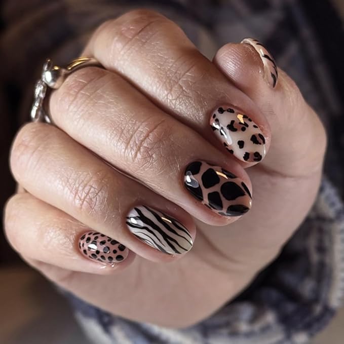 Short Almond Press on Nails Wild Animal Print Mix Fake Nails Fall Nails Press ons with Zebra Stripes,Leopard Spots and Giraffe-like Patterns Design,Reusable | Artificial | Easy Apply | 24Pcs