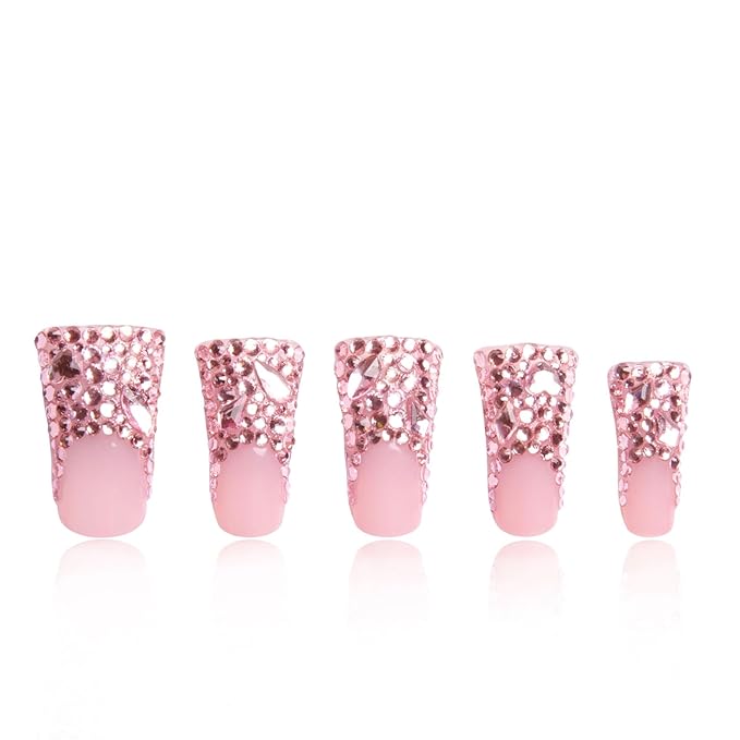 LOVFUL Press on Nails Pink French Tip Rhinestone | Handmade with Full Covered Crystals | Reusable Fake Nails | Duck Classic Regular 1.3 in | H27-L