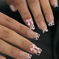 Leopard French Tip Press on Nails Short Square Fake Nails with Pink Bow Gems Design Cute False Nails Full Cover Nude Pink Glue on Nails Reusable Acrylic Stick on Nails for Women Manicure Decor 24Pcs