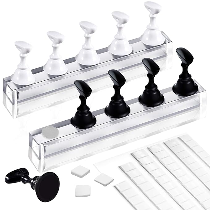 2 Sets Acrylic Nail Art Holder Practice Display Stand with 96 Pcs White Reusable Adhesive Putty, Kalolary Magnetic Nail Art Tips Holders Training DIY Display Practice Stands(Black and White)