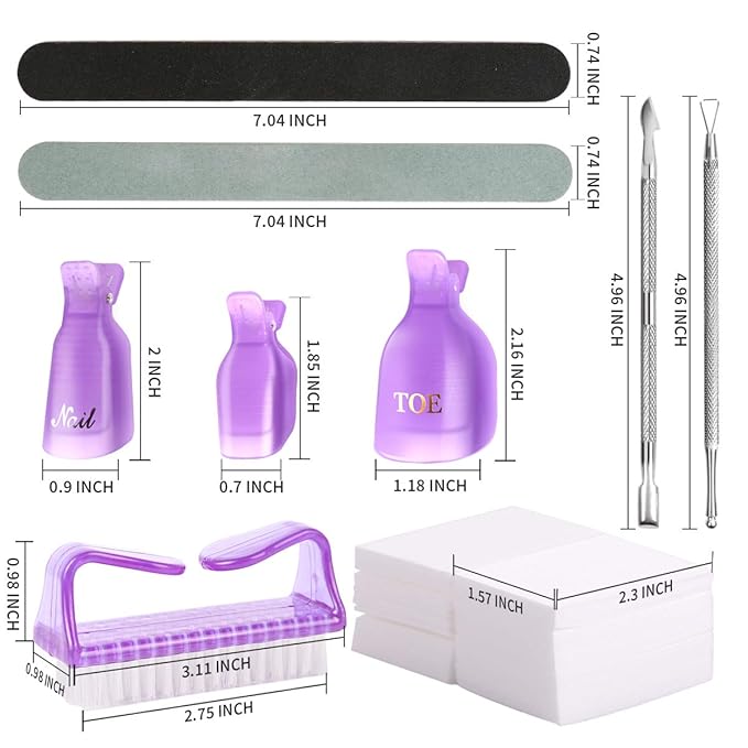 Teenitor Gel Nail Polish Remover Kit - Nail Clips, Remover Pads, Cuticle Peeler, Nail File, Buffer, Brushes & Soak Off Clips for Hands & Toes - Purple