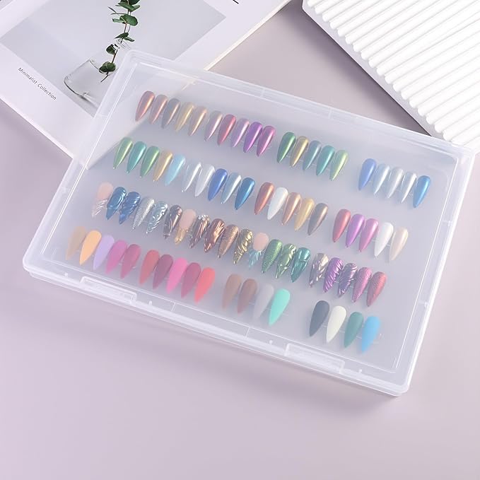 Nail Swatches Storage Box Press-On Nail Display Organizer Large Transparent Fake Nail Packaging Case with Double-Sided Adhesive Tape for Manicure Studio Salon Supplies