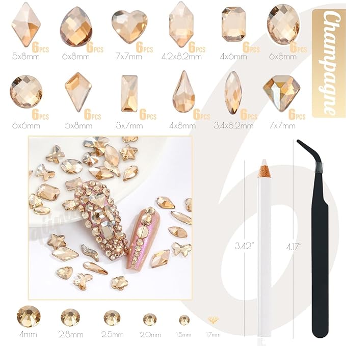 2052Pcs Golden Rhinestones for Nails 72pcs Multi Shapes Crystal Flatback Champagne gold Rhinestones Gems +1980pcs Round Beads Glass Stones Diamonds Jewels w Wax Pen for Faces Eyes Makeup Crafts