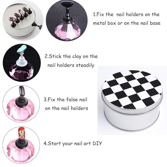 Kalolary 1 Set Nail Art Holder Practice Stand for Nail Art Display, Magnetic Nail Stand Tips Holders Crystal Holder Chessboard Fingernail DIY Training Practice Display Stand(Pink)