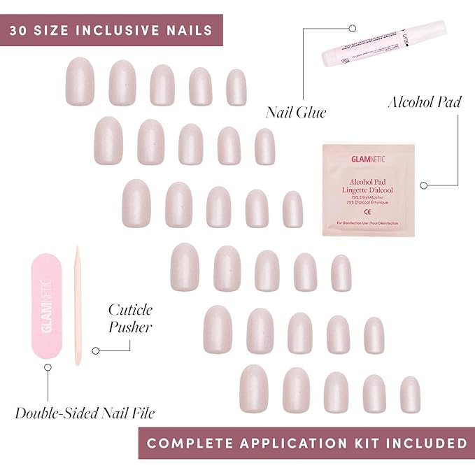 Glamnetic Press On Nails - Pure Intentions Fake Nails | Glossy, Semi-Transparent, Short Round Nails, Salon Quality | 12 Sizes - 30 Nail Kit with Glue