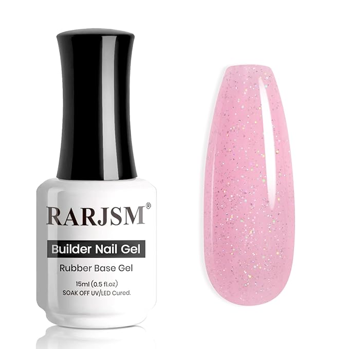 RARJSM Nude Sweet Pink Rainbow Glitter Rubber Base Coat Gel Nail Polish Natural Skin Tone Iridescent Shimmer Brush on Extend Jelly Gelpolish Soak Off Curing Requires 15ml Salon Home French Manicure
