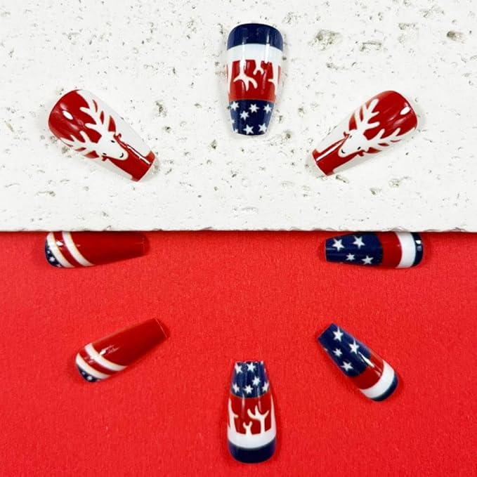 Independence Day Press on Nails Medium Coffin Fake Nails with Elk Design Red Blue Striped False Nails Star Christmas Glue on Nail Glossy Summer 4th of July Stick on Nail for Women Manicure 24Pcs