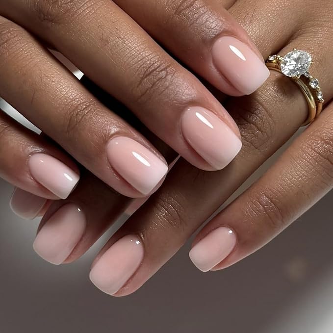 Ombre Fake Nails Short Square Press on Nails Nude Gradient Acrylic Nails Glossy Nature Glue on Artificial Nail Squoval False Nails Press ons with for Women Manicure Decoration 24Pcs