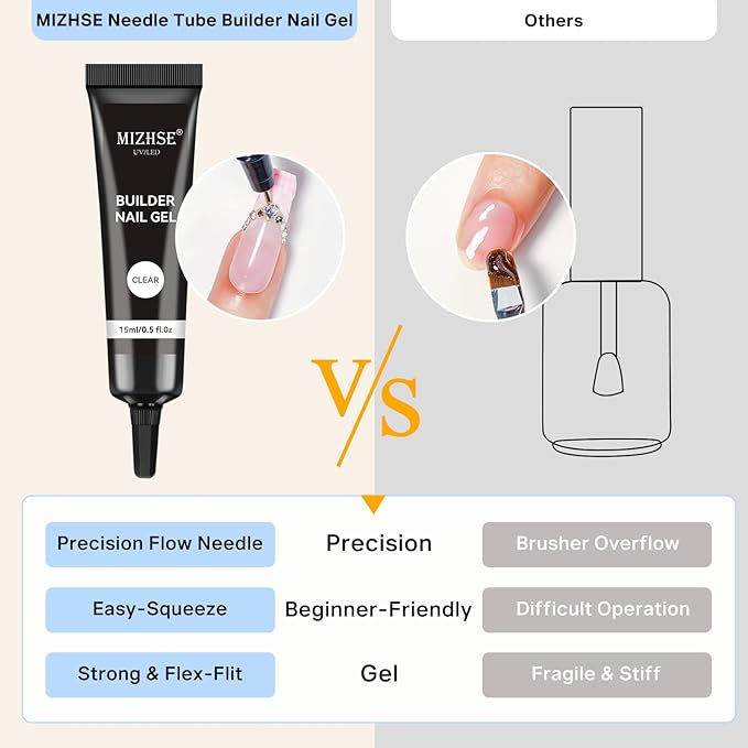 MIZHSE Builder Gel for Nails, 2Pcs 15mL Clear Hard Builder Gel for Nail Thickening Tip Design Rhinestone Glue U V LED Extension for Nail Art Design