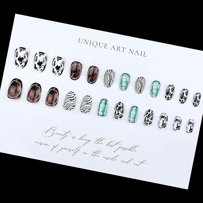Animal Print Press on Nails Short Oval Fake Nails Fall Winter Nails Press ons with Design Full Cover Stick on Nails for Women Manicure,Reusable | Artificial | Glue Tabs | Easy Apply | 24Pcs