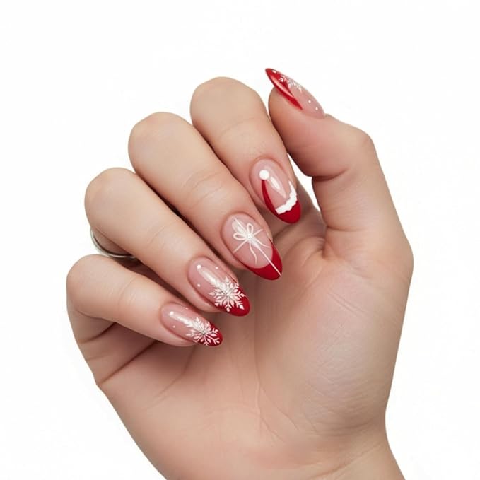 Press On Nails Almond Christmas, French Tip Press on Nails Short, Glue On Nails for Women Gift, Supremely Fit Natural Reusable Stick On Nails in 12 Sizes -24 Fake Nails Kit, French Red Stripe