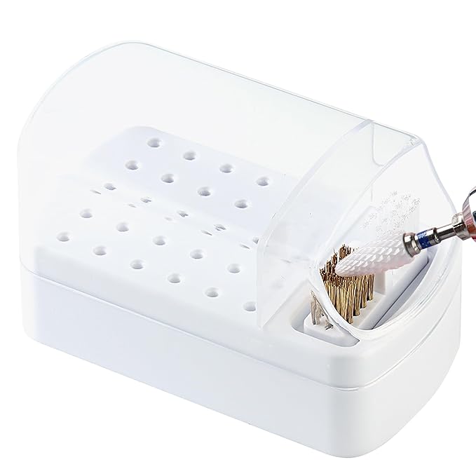 Nail Bit Holder & Nail Drill Bit Cleaner 2 in 1, 30 Holes Nail Drill Holder Organizer Nail Bit Brush Cleaner Drill Bit Holder for Nails Dustproof Stand Displayer Storage Box Tools-White