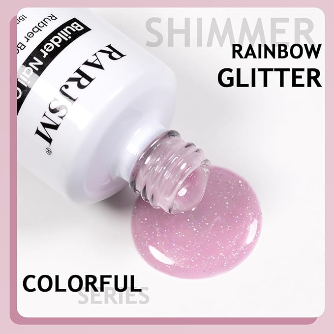 RARJSM Glitter Rubber Base Gel Nail Polish Nude Gray Purple Pink Rubber Base Rainbow Iridescent Shimmer Brush on Extend Builder Hard Gel Soak Off Curing Requires 15ml Salon Home French Manicure
