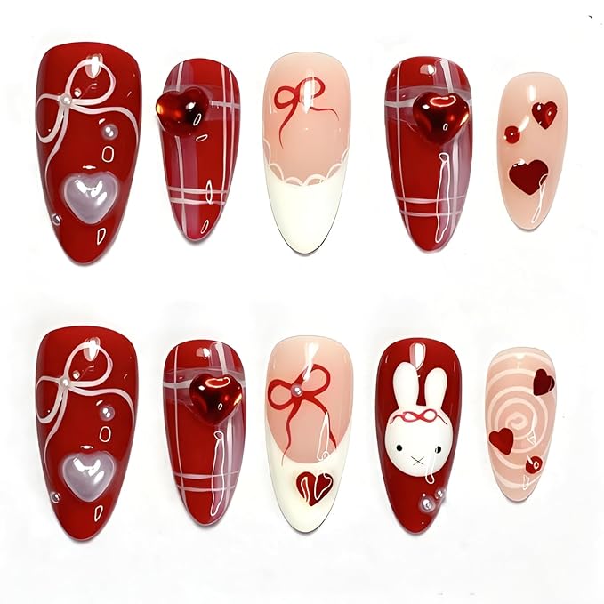 30Pcs Valentines Press on Nails Medium Almond Fake Nails 3D Heart False Nails Bow Nails Press Ons with Pearl Design Glossy Glue on Nail Heart Stick on Nail for Women Decoration Set