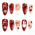 30Pcs Valentines Press on Nails Medium Almond Fake Nails 3D Heart False Nails Bow Nails Press Ons with Pearl Design Glossy Glue on Nail Heart Stick on Nail for Women Decoration Set