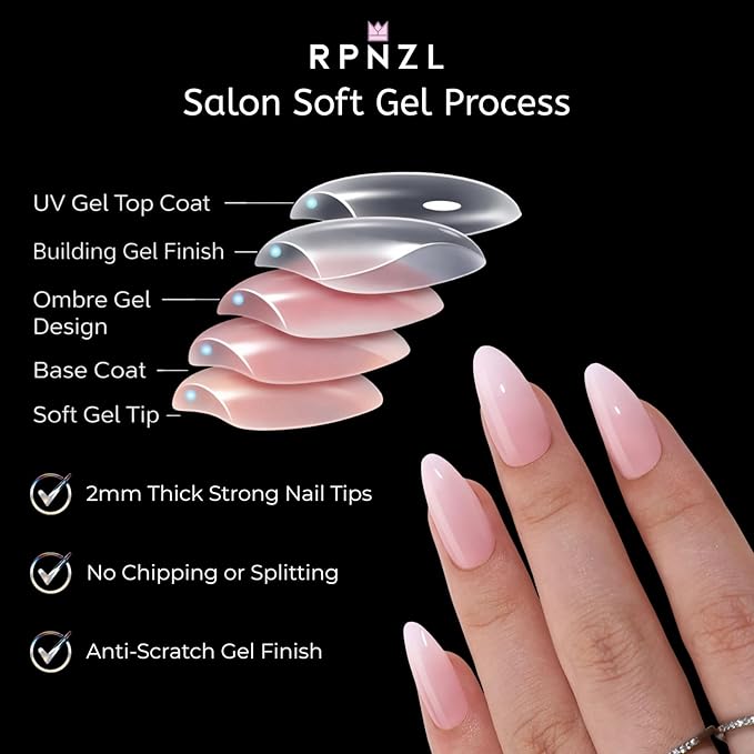 Press On Nails - Peony | Ombre French Tip, Long UV Finish Almond Nails, Salon Quality | 32 Nails, 16 Sizes Kit with Glue and Adhesive Tabs I Female Founded