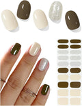 Semi Cured Gel Nail Strips (Green Glitter), 20 Pcs Gel Nail Wraps, Stickers, Salon Quality, Long Lasting, Works With Any UV Lamps