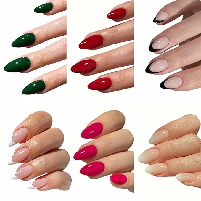 6 Packs (144 Pcs) Press on Nails Medium Almond Fake Nails Solid Color False Nails with Designs French Tip Glossy Glue on Nails Full Cover Acrylic Artificial Stick on Nail for Women Girls Manicure