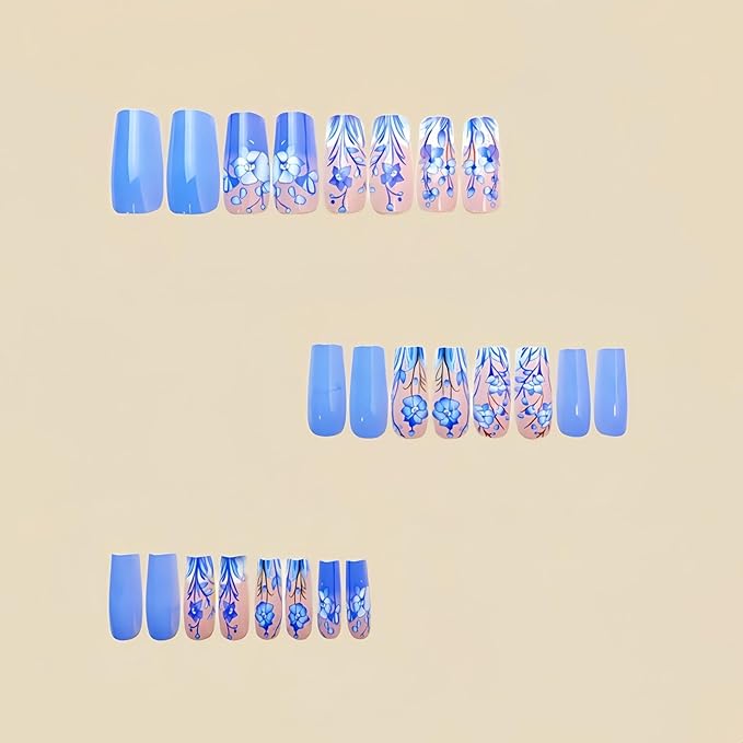 Blue Press on Nails Medium Square Fake Nails Floral False Nail for Women Glossy Acrylic Nails Spring Glue on Nail Blue Flower Stick on Nails Fake Nails Manicure Kit 24Pcs
