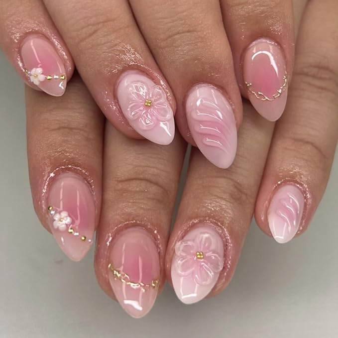 Almond Press on Nails - Short Pink Nails Spring False Nails Press ons with Flower & Gold Beads Design, Glossy Acrylic Full Cover Floral Stick on Nails for Women Manicure 24Pcs