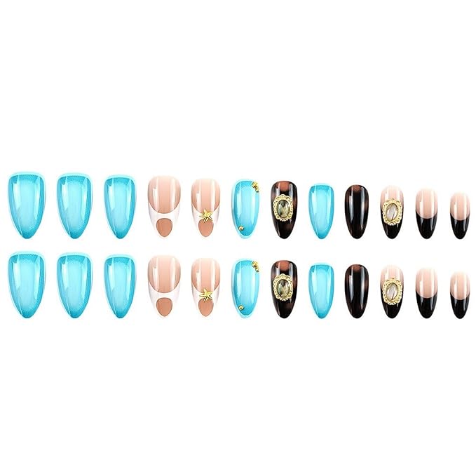 Medium Almond French Tip Press On Nails, 24pcs Full Cover Nails, 12 Sizes, Glossy Finish, Leopard Print, Stars, Gemstone Gold Designs