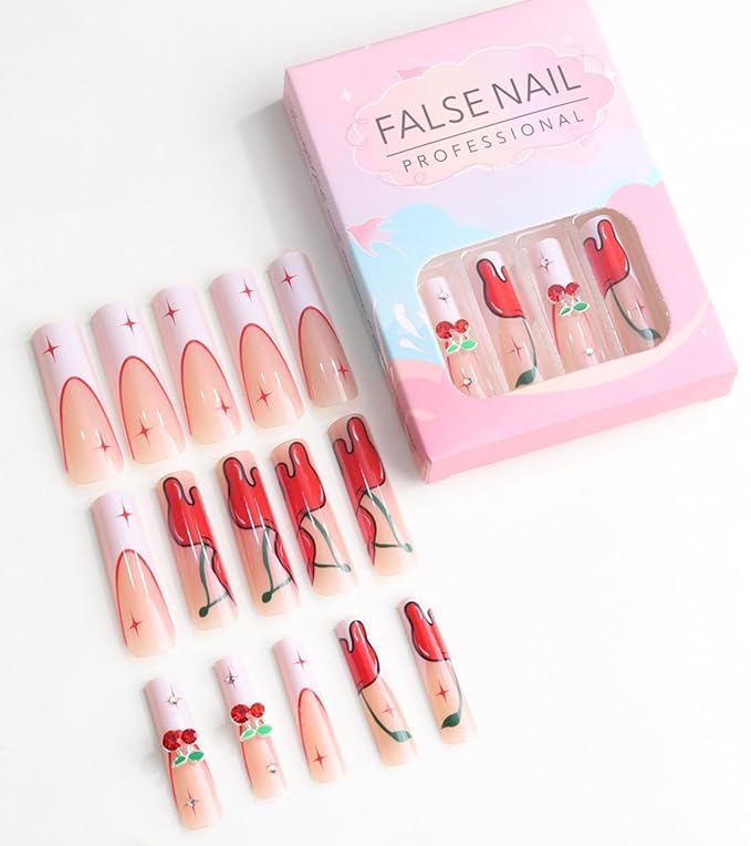Press on Nails Square - Extra Long Fake Nails with 3D Cherry, White French Tips Red False Nail with Glue Sticker, Stick On Nails for Women, 12 Sizes - 24 Nail Kit, Vintage Orchard