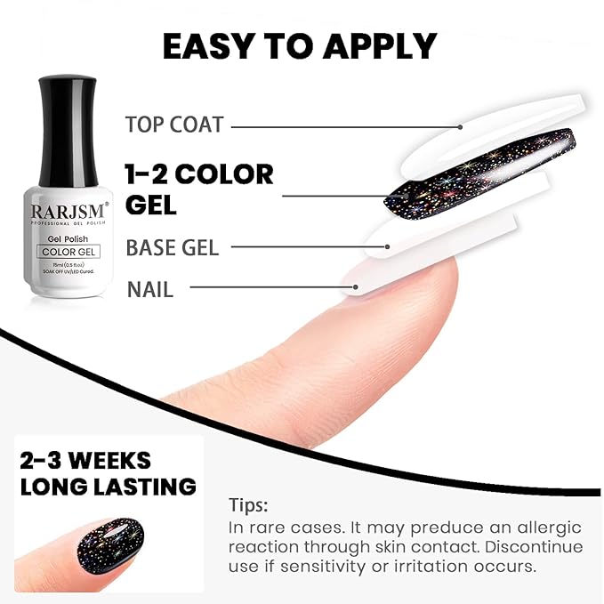 RARJSM Gel Nail Polish Black Glitter Sparkly Chunky Iridescent Rainbow Shimmer Pigments Nail Gel Polish Soak off Led UV Curing Required for Nail Art Salon Manicure 15ml Fall Winter Christmas