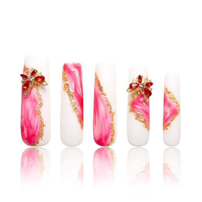 LOVFUL Press on Nails Into The Pink| Handmade with Full Covered Crystals| Reusable Fake Nails| Square Mid length 1.7in| H243-L