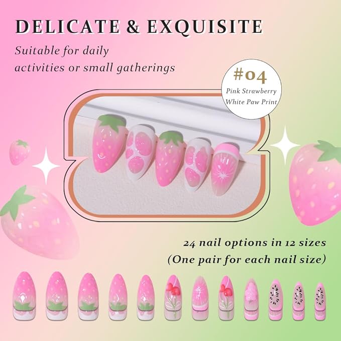 3D Press on Nails Medium Almond with Pink Strawberry Design, White Paw Print Fruite Nail Press ons Glossy Stick on Nails for Women Reusable with Kit, Stick on Cute Fake Nail with Designs Perfectly Fit