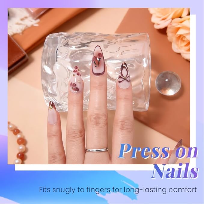 evpct 3D Red Cherry Press on Nails Short Almond with Butterfly Design, Coffee Tip Stick on Nail for Women Gift with Kit, Reusable Full Cover Soft Gel Press on Fake Nail with 3D Red Bow Design