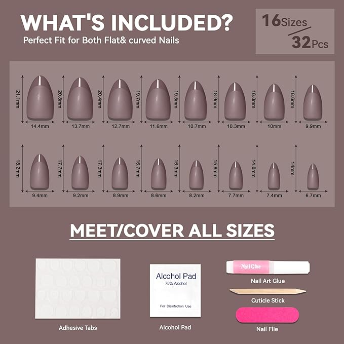 Brown French Press on Nails Short Almond -Pure Brown Nails with Glossy French Tip in a Matte Finish, Soft Gel Reusable Fall Fake Nails Winter Stick on Nails for Women Gift, 32PCS 16 Sizes