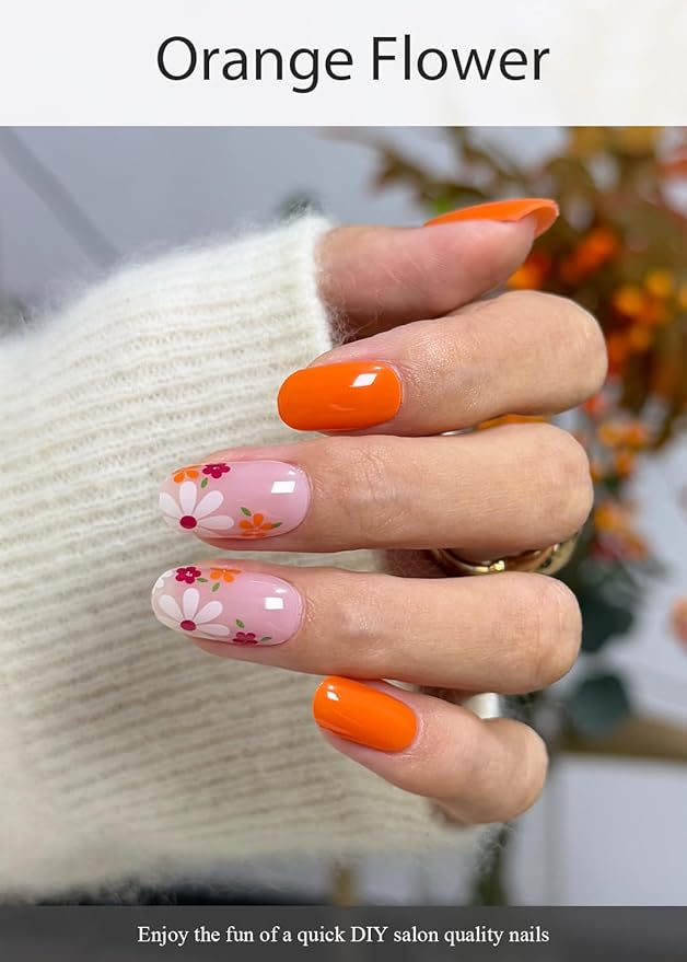 Semi Cured Gel Nail Strips (Orange Flower), 20Pcs Gel Nail Wraps, Stickers, Works With Any UV Lamps