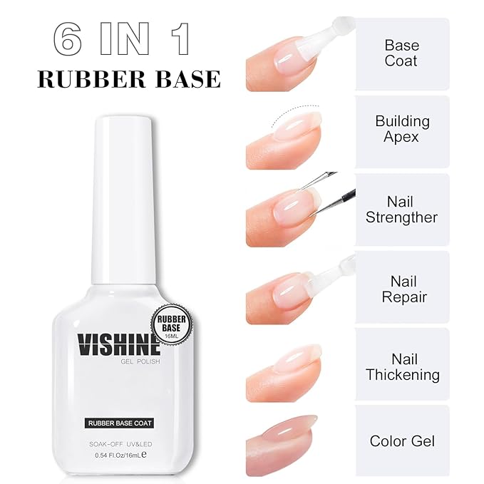 Vishine Milky White Rubber Builder Base Gel Nail Polish, 6 in 1 Builder for Strengthen Apex Building Extension Long Lasting Protect U V Cured Color Based Manicure for Fragile Nails Art Home Salon R061