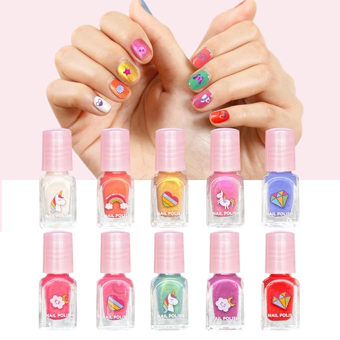 MU Unicorn Fantasy Kids Nail Polish Kit - 10 Water Based Polish Colors and Press On Nails, Quick Dry Peel Off Formula, Magical Unicorn Nail Polish Set for Girls, Birthday Party Gift Set