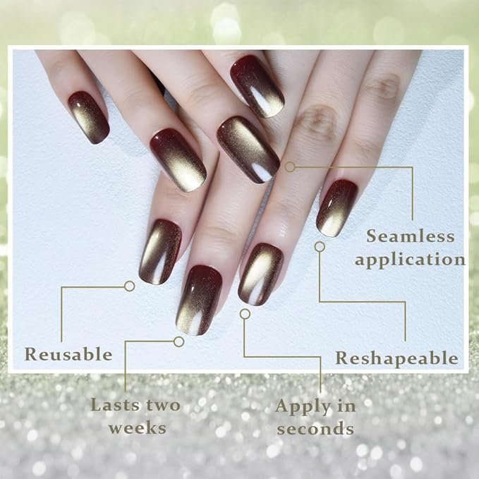 Brown Khaki Reflective Cat Eye Press on Nails Medium Square, Medium Square Press Stick on Nails Chrome for Women, Holographic Glitter Glossy Reusable Gel Acrylic Fake Nail with Designs Cateye Effect