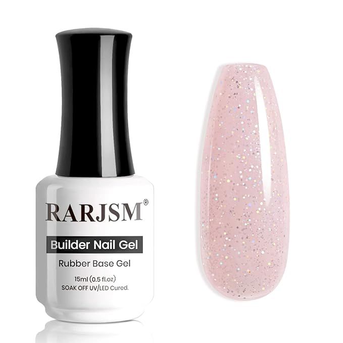RARJSM Nude Light Pink Rainbow Glitter Rubber Base Coat Gel Nail Polish Natural Skin Tone Iridescent Shimmer Brush on Extend Jelly Gelpolish Soak Off Curing Requires 15ml Salon Home French Manicure