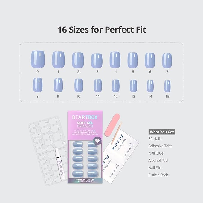 BTArtbox Press On Nails Short - Square Press On Nail, Blue Glossy Nail Tips Glue On Nails with Nail Glue, Reusable Stick On Nails in 15 Sizes - 30 Soft Gel Fake Nails Kit, Ocean Glazed