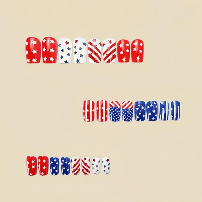 4th of July Press-On Nails Medium Square 24 Pcs Acrylic False Nails with Stars, Red, White Stripes Designs, Glossy Finish