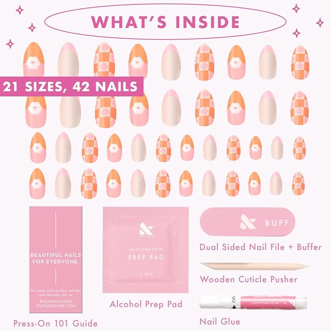 Olive & June Maximalist Instant Mani Press-On Nails (Glue) | 42 Fake Nails, 21 Sizes | Non-Toxic, Long-Lasting Big, Bold Gorgeous Realistic Look | Medium, Almond | Chrome Flower Mixed Pack