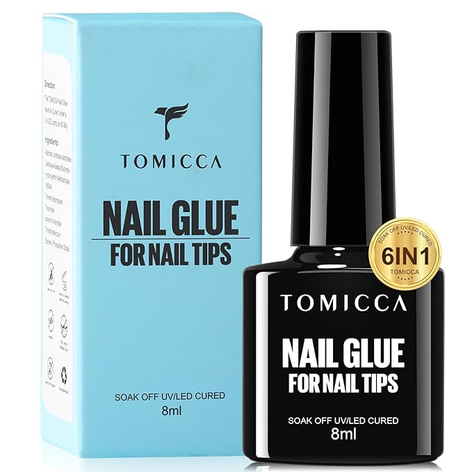 TOMICCA 6 in 1 Brush On Nail Glue for Press Ons 8ml Gel Nail Glue Strong for Acrylic Nails Lamp Curing Needed UV, DIY Home Salon Use