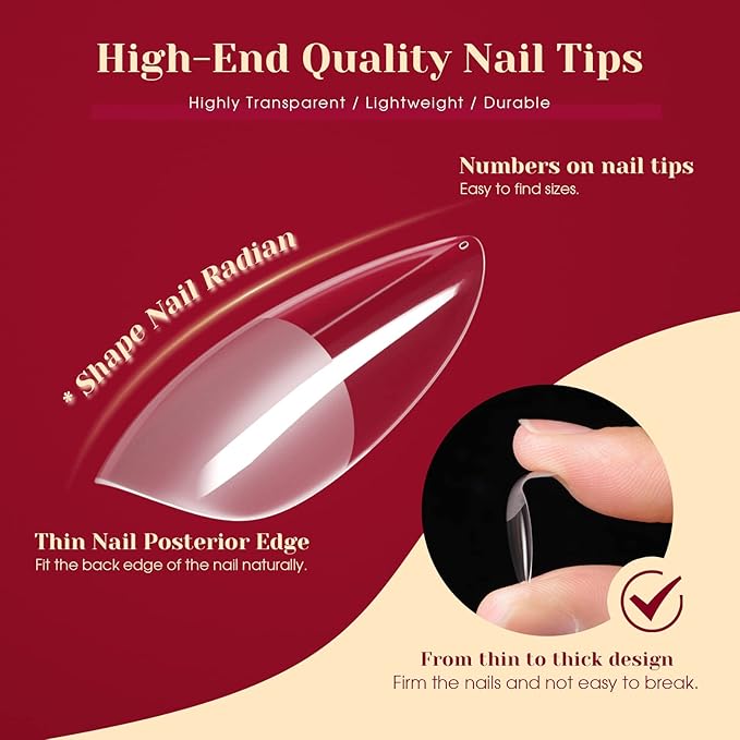264PCS Half Matte Almond Fake Nail Tips, ROSALIND Clear Full Cover Medium False Nails Shape Soft Almond Gel Nail Tips12 Sizes Kit Nail Tips Acrylic Press on Nails (One-Sided No File)