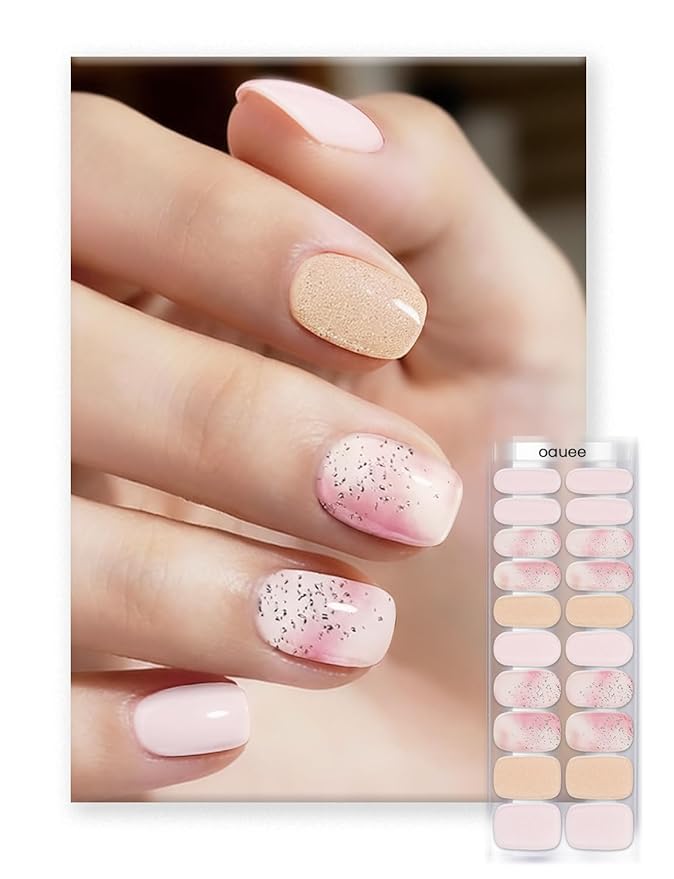 Semi Cured Gel Nail Strips | Built-In Gel Top Coat | UV Light Required | Salon Quality, Easy Application And Removal (Stardust Marble）
