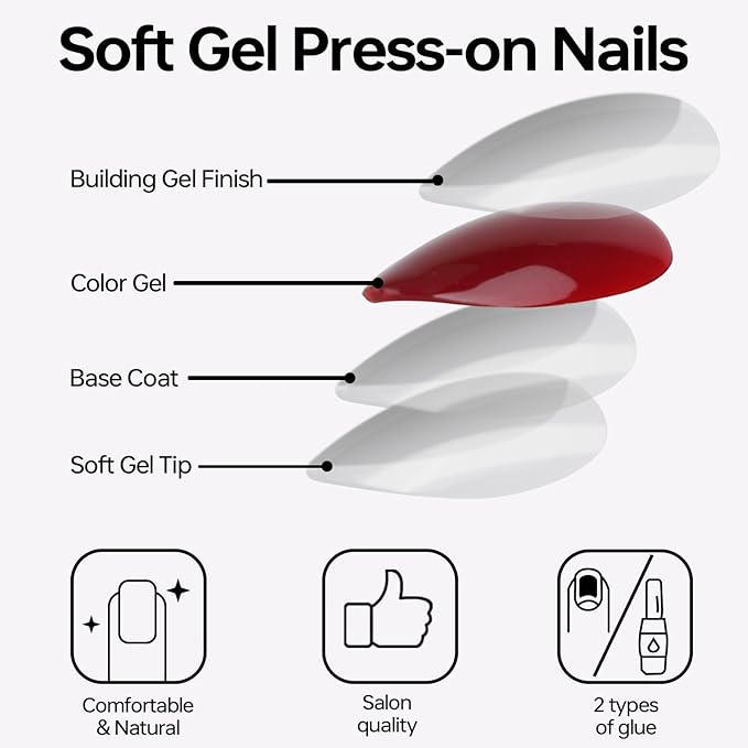Burgundy Red Press On Nails Short, 16 Sizes Almond Fake Nails Glossy 32pcs, Nail Glue Included