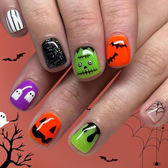 2 Packs 48Pcs Halloween Press on Nails Short Square Fake Nails Ghost Acrylic Nails Pumpkin Bat Designs Glue on Nails Winter Xmas Stick on Nail Kids for Women Girls Manicure Decoration