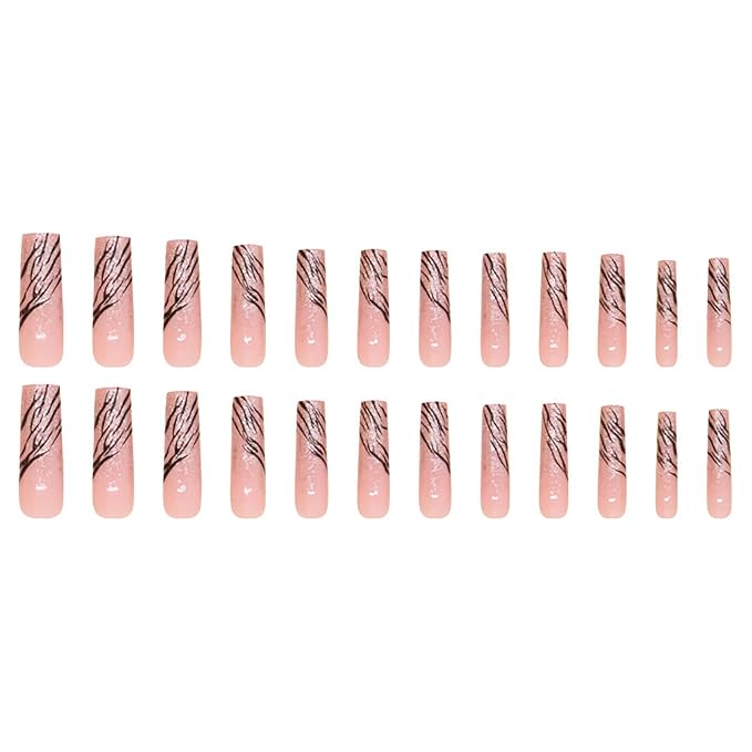 Long Press on Nails Square Fake Nails Silver Glitter French Tip False Nails with Silver Swirl Design Acrylic Nails Long Square Glue on Nail Full Cover Stick on Nail for Women 24Pcs