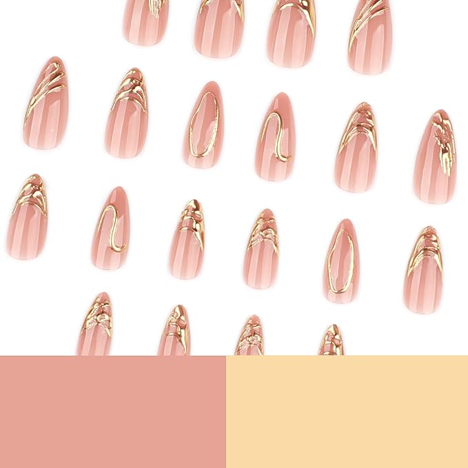 Press on Nails Almond - Medium Fake Nails with Gold Stripes Design - Golden Full Cover Stick on False Nails - for Women 24 Pcs