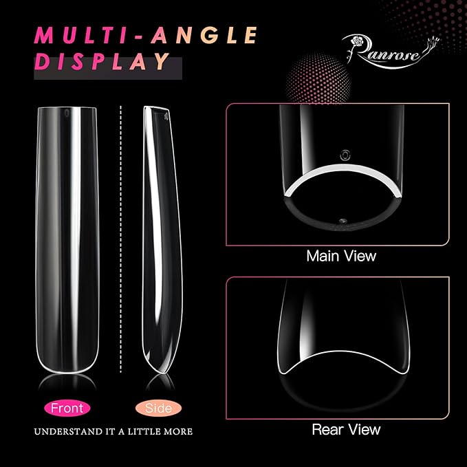 Ranrose Extra Long Nail Tips, 240PCS XXXL Long Square Acrylic Nails Full Cover Clear Long Straight Tapered Square Nail Tips 12 Sizes Pre-shaped Fake Nails for DIY Press On Nail Extensions for Women