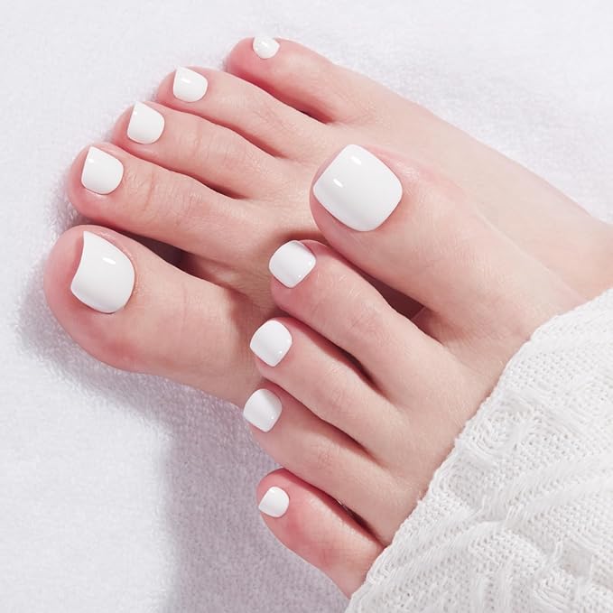 Modelones Press on Toenails Short, White Toe Press on Nails Square, Reusable Nail Kit with Nail Glue Adhesive Tabs Mini Nail File, Toe Nails 36Pcs 18Sizes, Spring Women Girl Gift