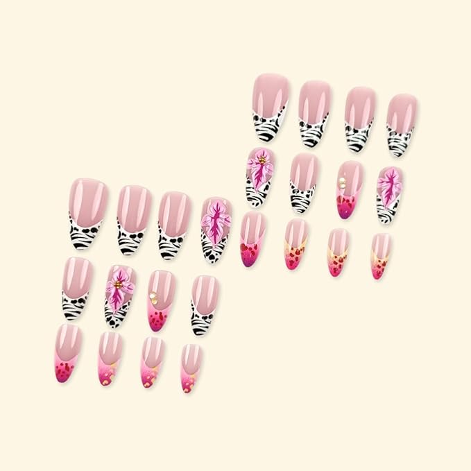 Almond Press on Nails Medium Fake Nails French False Nails Leopard Artificial Nails with 3D Flowers Designs Cute Handmade Nails Flowers Stick on Nails for Women 24pcs
