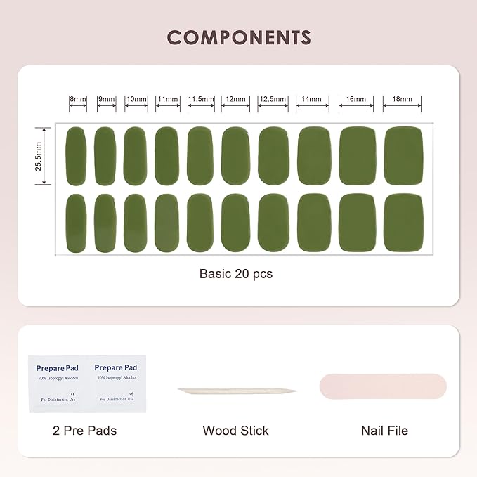 Semi Cured Gel Nail Strips – Real Gel Nail Polish Wraps for Brittle Nails | Waterproof Long Lasting Easy Peel-Off Removal | Hema-Free | 20-Piece Grass Green Salon Kit with File & Stick